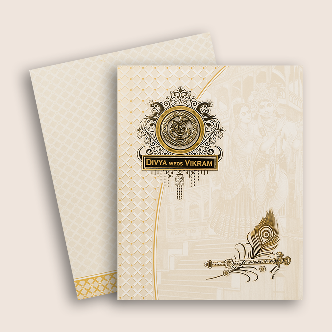 White Radha Krishna Invitation Card - KNJS2068