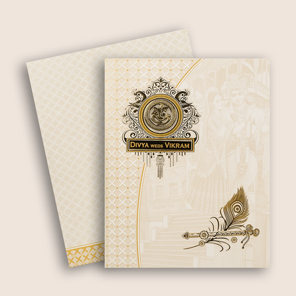 White Radha Krishna Invitation Card - KNJS2068