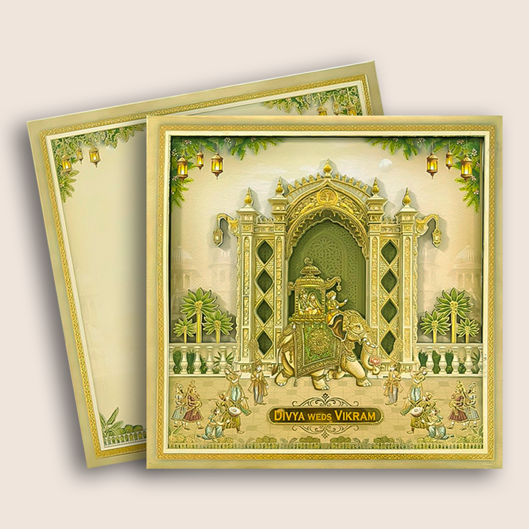 Beige Palace Elephant Padded Wedding Card - KNAM4905