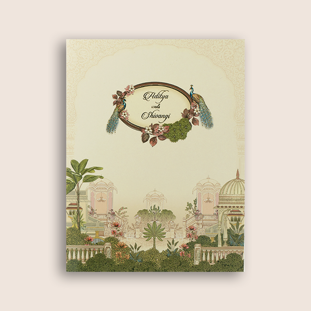 Cream Palace Peacock Wedding Card - KAA05190