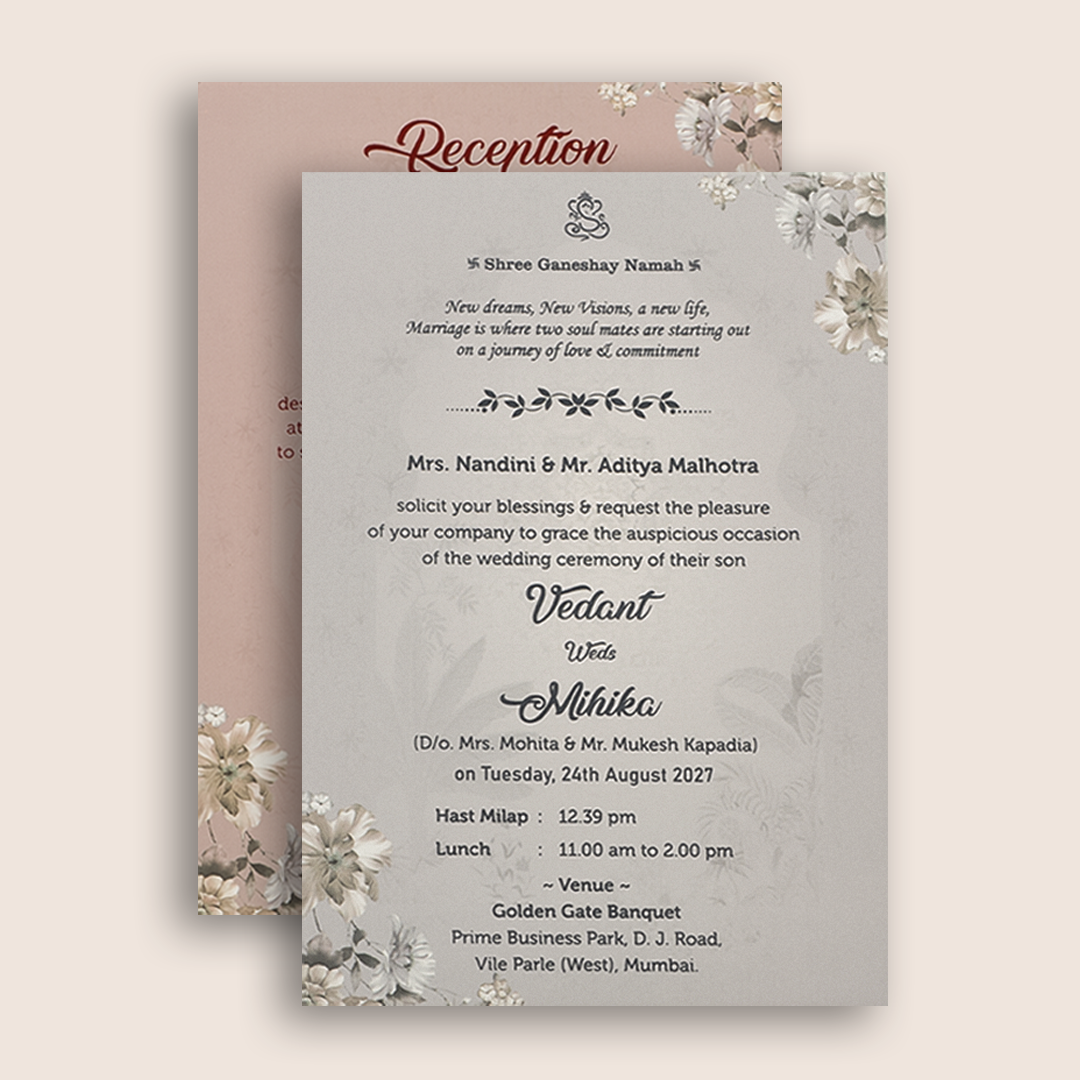 Pale Pink Floral Padded Door Style Invitation Card - KVN06840