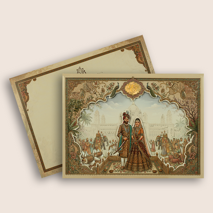 Beige Bride Groom Palace Laser Cut Padded Wedding Card - KRB10550