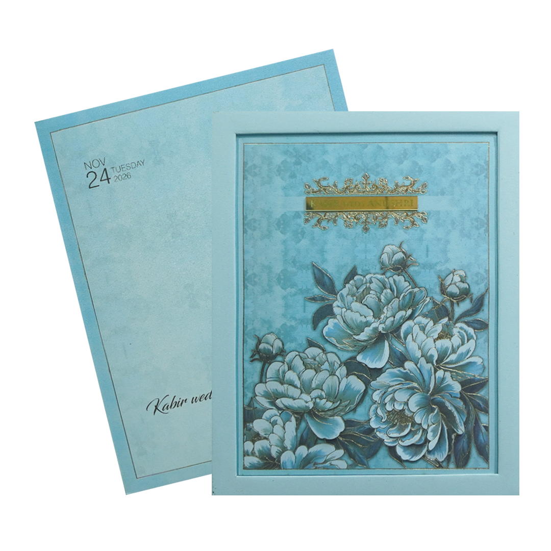 Sky Blue Floral Luxury Wedding Invitation Card-King of Cards