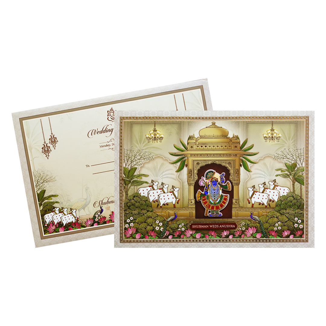 Pichwai Art Padded Embossed Wedding Invitation Card-KRB09610