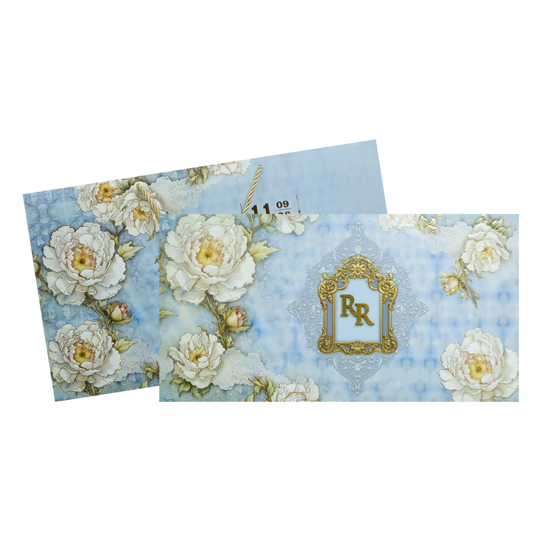Blue Floral Embossed Luxury Wedding Invitation-KPR24730