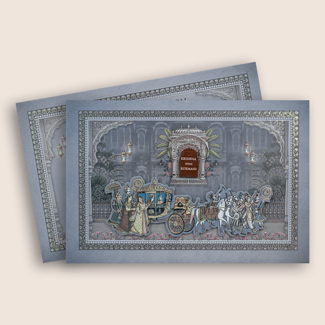 Grey Horse Chariot Padded Wedding Invitation Card - KJTS1926