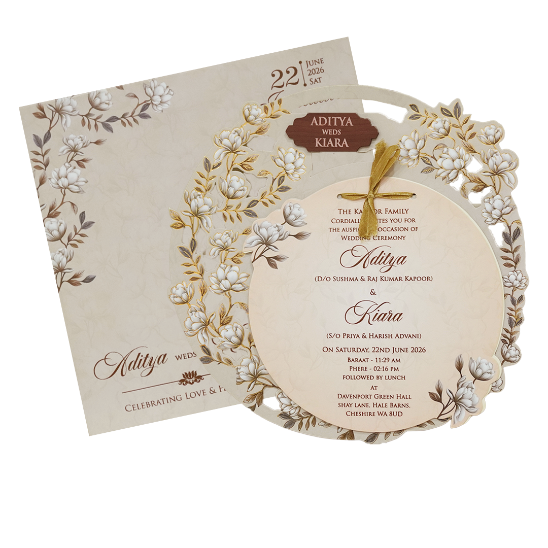 Grey Floral Circular Insert Wedding Card-KFR16240