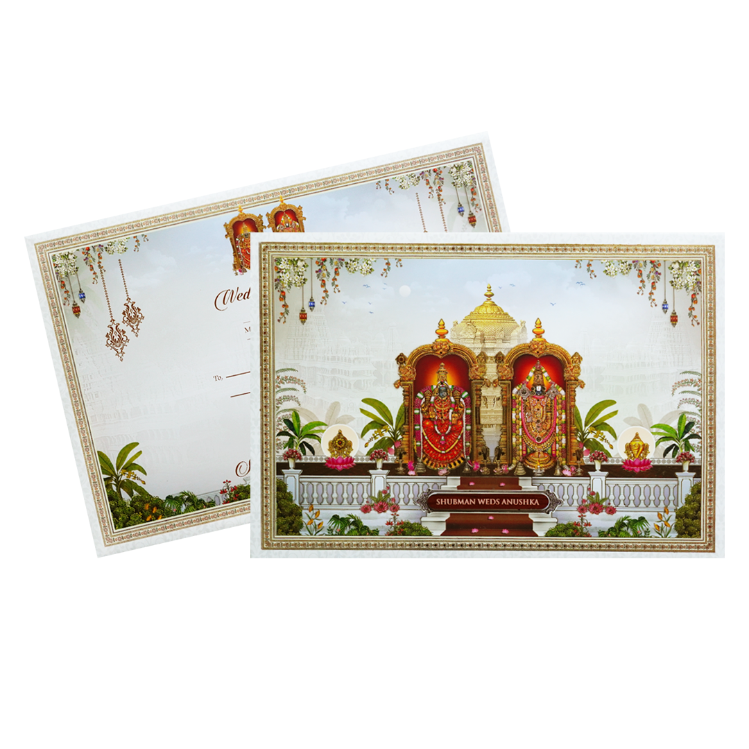 Balaji Padmavati Temple Theme Padded Gold Foil Wedding Invitation Card-KRB09620