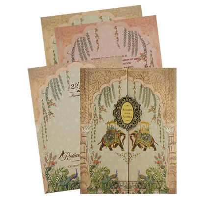 Beige Gold Elephant and Peacock Theme Wedding Card - KFR16450