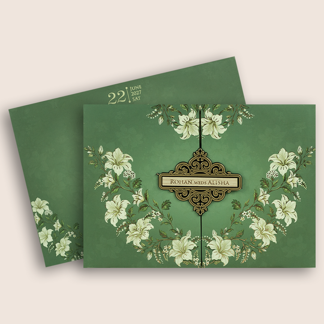 Dark Green Lilly Flower Door Style Padded Marriage Card - KFR17380