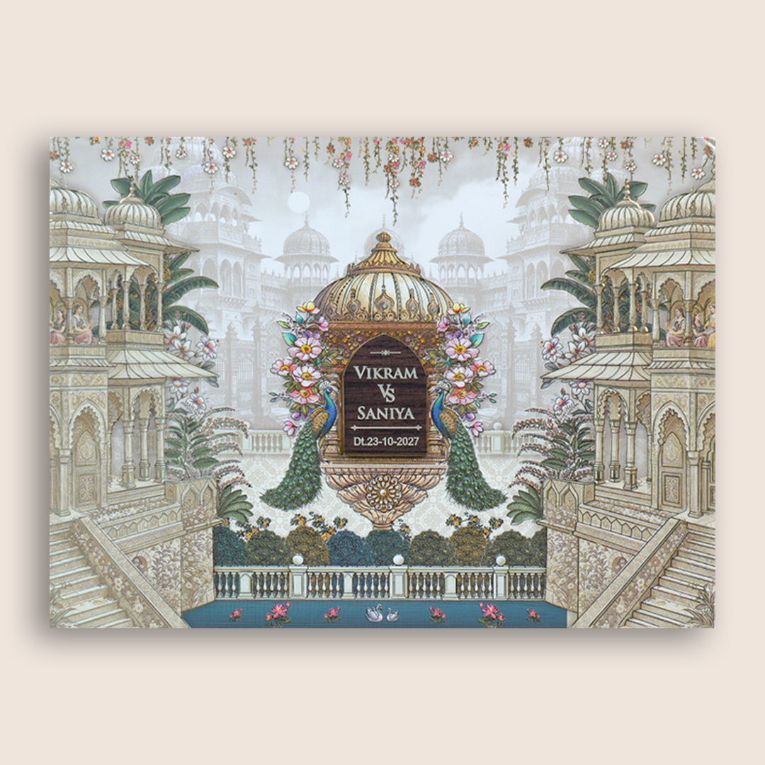 Grey Royal Palace Peacock Padded Wedding Invitation - KSH18910