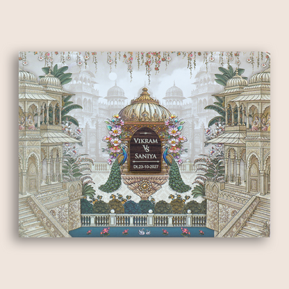 Grey Royal Palace Peacock Padded Wedding Invitation - KSH18910