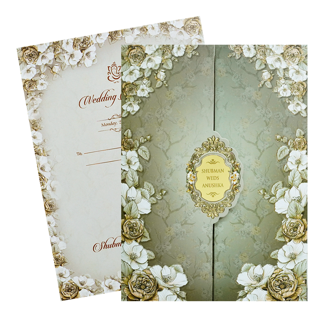 Royal Grey Embossed Gold Foil Door Style Wedding Invitation Card-KRB09040