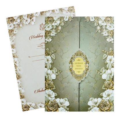 Royal Grey Embossed Gold Foil Door Style Wedding Invitation Card-KRB09040