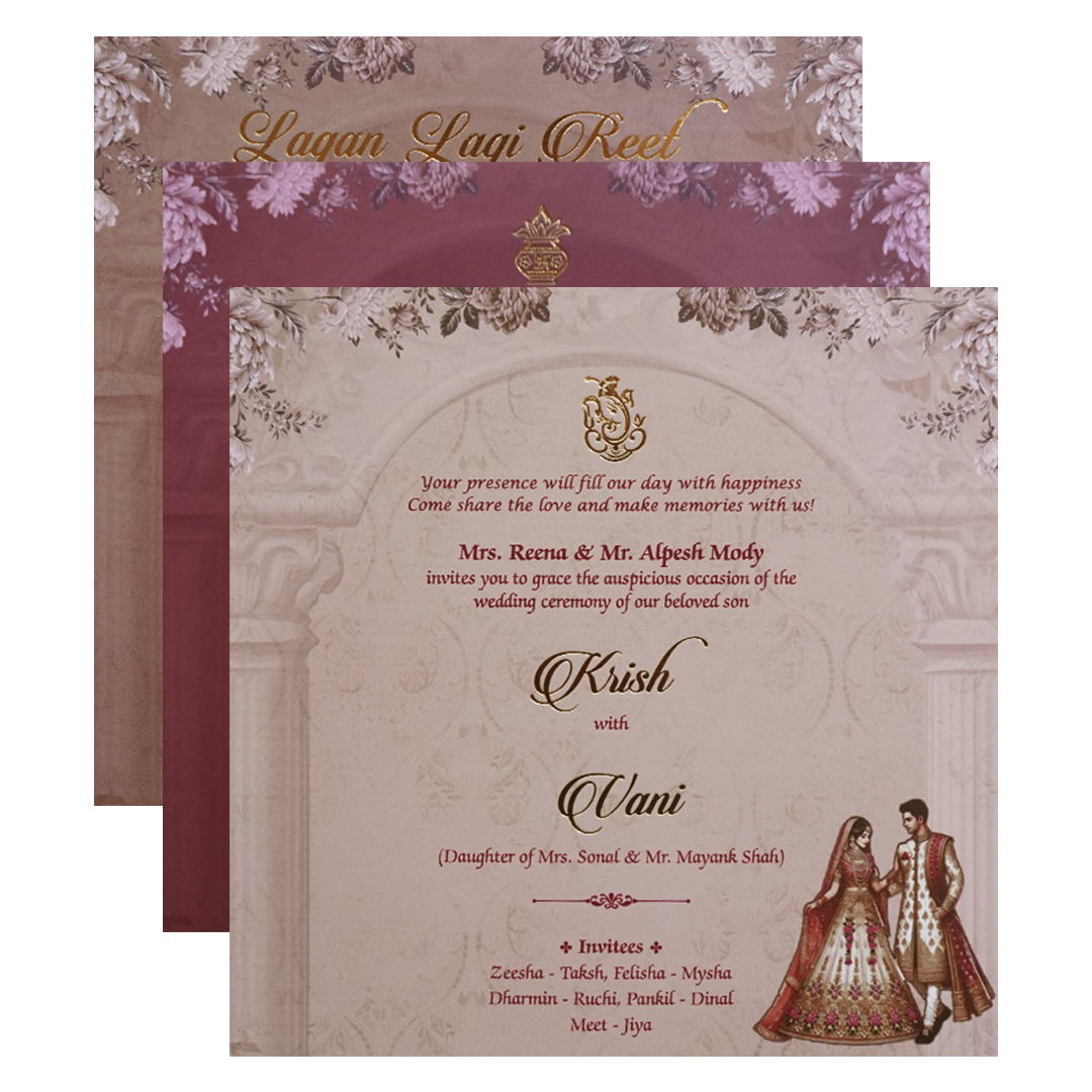 Purple  Floral padded Pillar Wedding Card -KVN07530