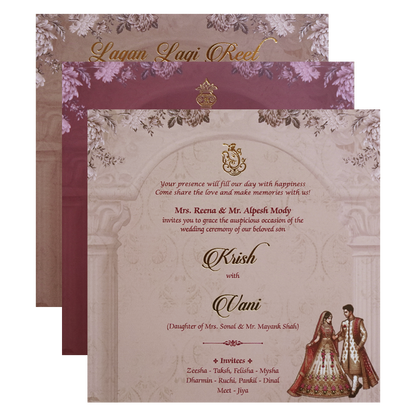 Purple  Floral padded Pillar Wedding Card -KVN07530
