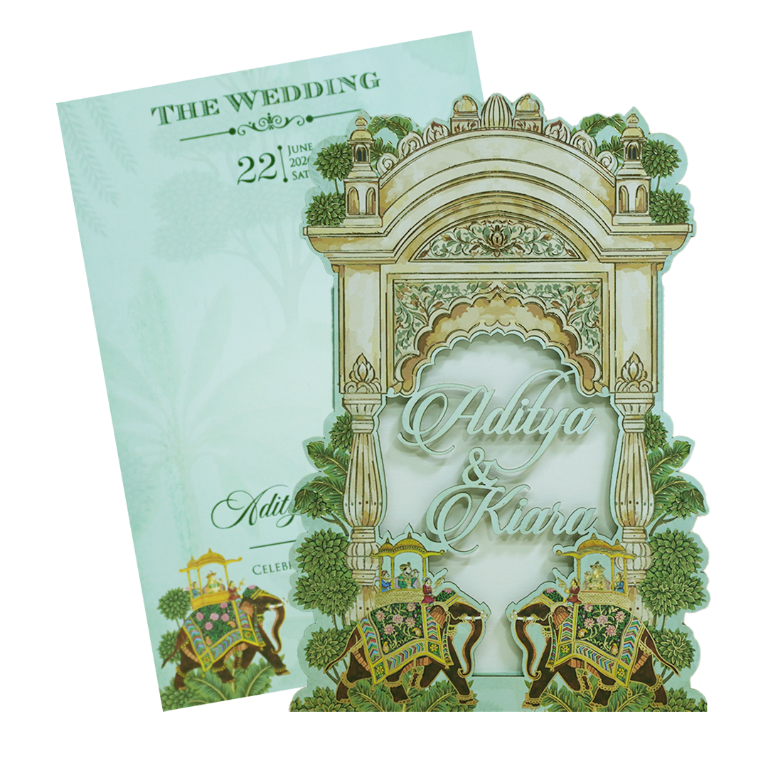 Mint Green Palace Elephant Laser Cut Wedding Card - KFR15130