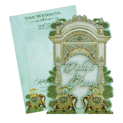 Mint Green Palace Elephant Laser Cut Wedding Card - KFR15130