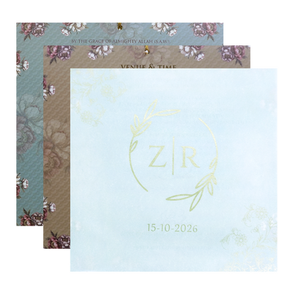 Green Floral Golden Wood Acrylic Padded Wedding Card - KVN07520