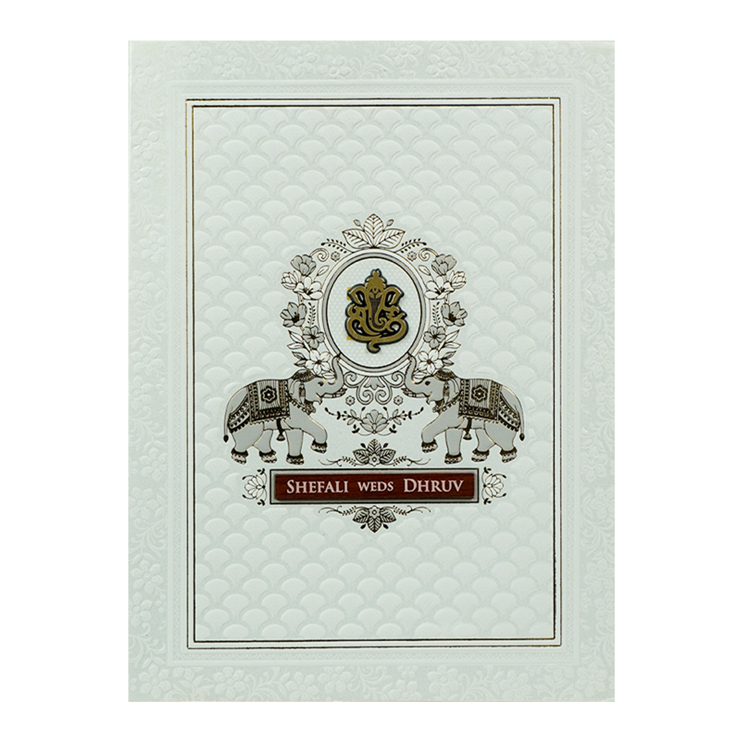White Embossed Royal Elephant Wedding Card-KRE28420