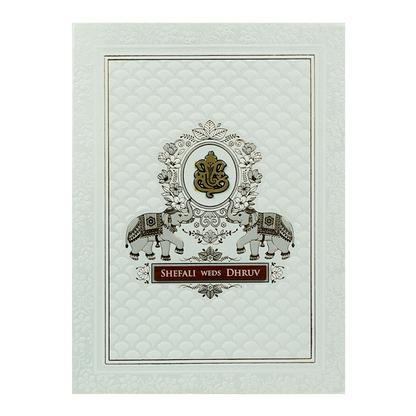 White Embossed Royal Elephant Wedding Card-KRE28420