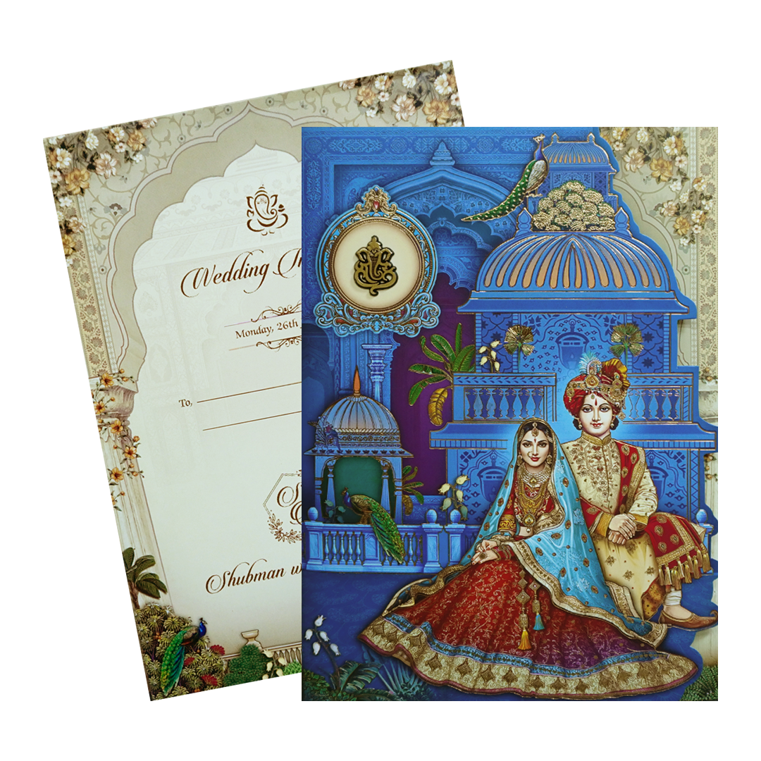 Royal Blue Gold Foil 3 Fold Bride and Groom Wedding Invitation Card-KRB09010