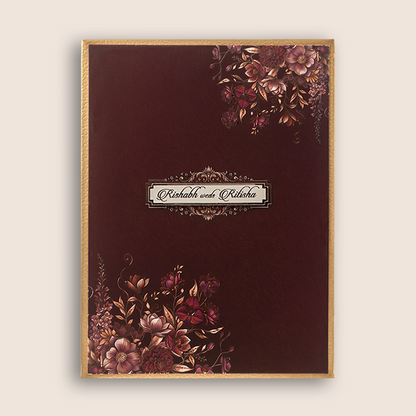 Dark Maroon Floral Padded Wedding Card - KAA05810