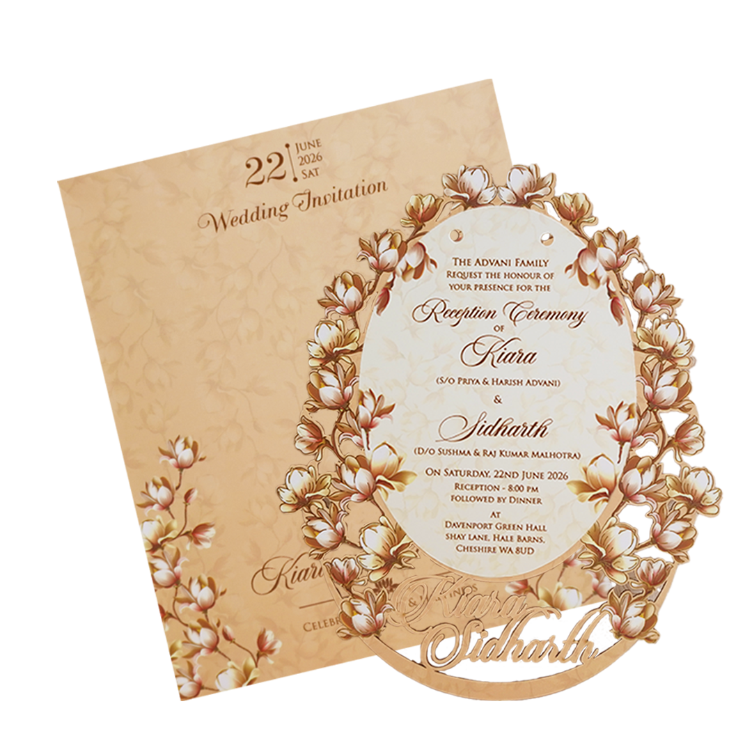 Beige Brown Floral Laser Cut Wedding Card - KFR14040