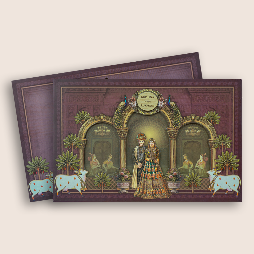 Purple Kamadhenu Royal Bride Groom Laser Cut Padded Invitation Card - KJTS1917