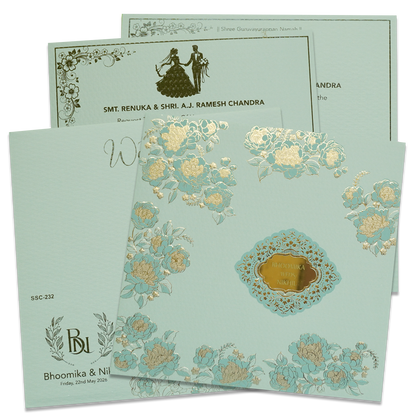 Blue Floral Gold Padded Wedding Card - KSSC2320
