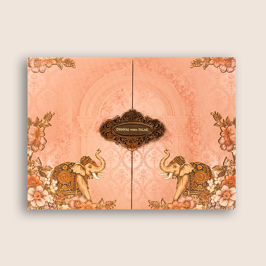 Pink Elephant Embossed Door Style Padded Wedding Card - KVN07910