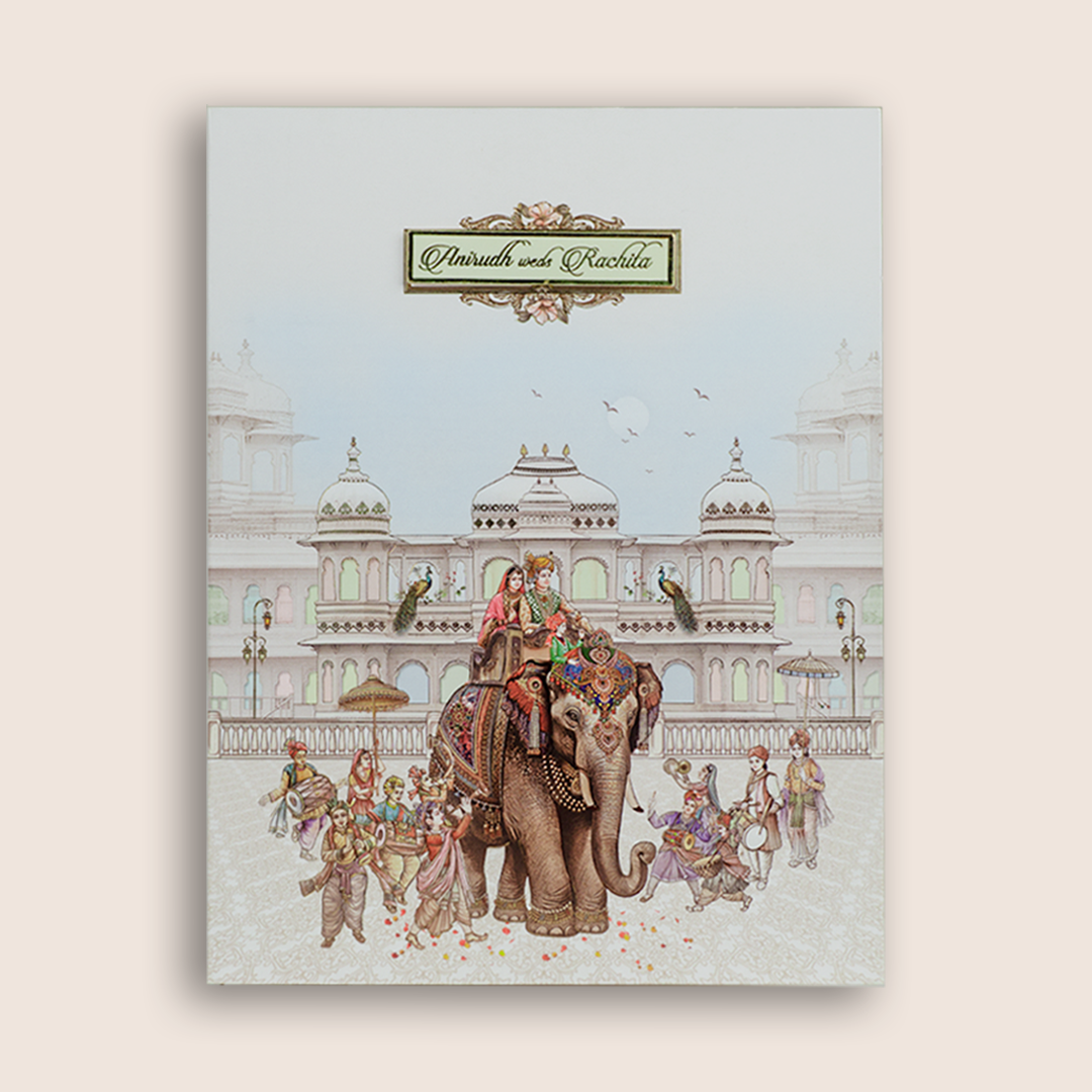 White Royal Elephant Baraat Wedding Card - KAA05140