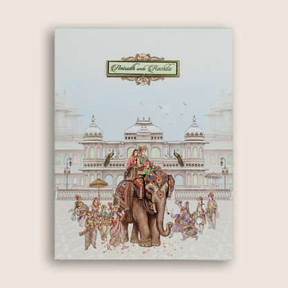 White Royal Elephant Baraat Wedding Card - KAA05140