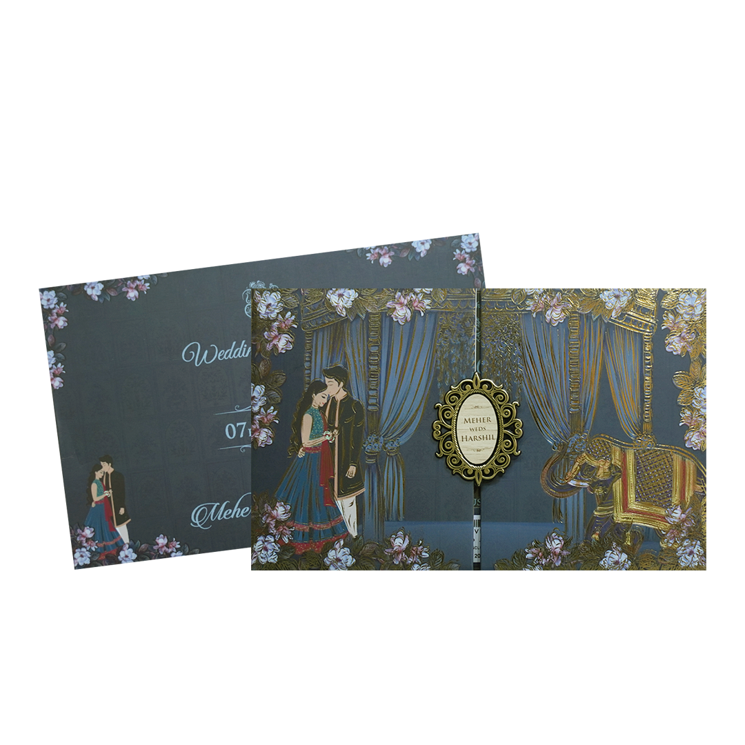 Navy Blue Padded Royal Curtain Wedding Invitation - KVN07440