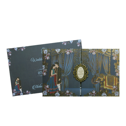 Navy Blue Padded Royal Curtain Wedding Invitation - KVN07440