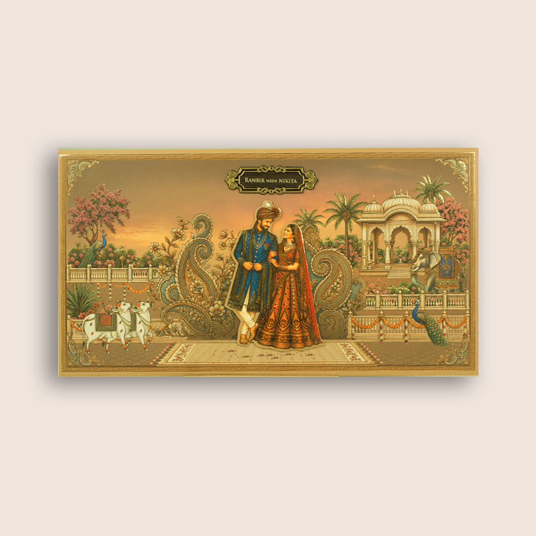 Beige Bride Groom Padded Wedding Invitation Card - KSH27100