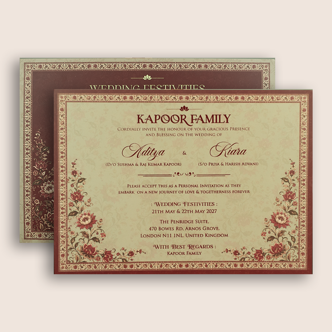 Brown Embossed Floral Padded Wedding Card - KFR17480