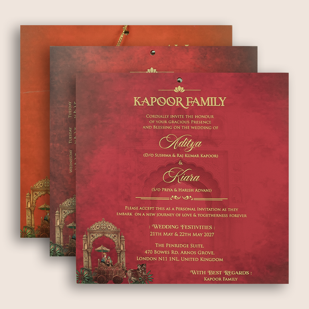 Red Laser Cut Horse Chariot MDF Wedding Invitation - KFR17090