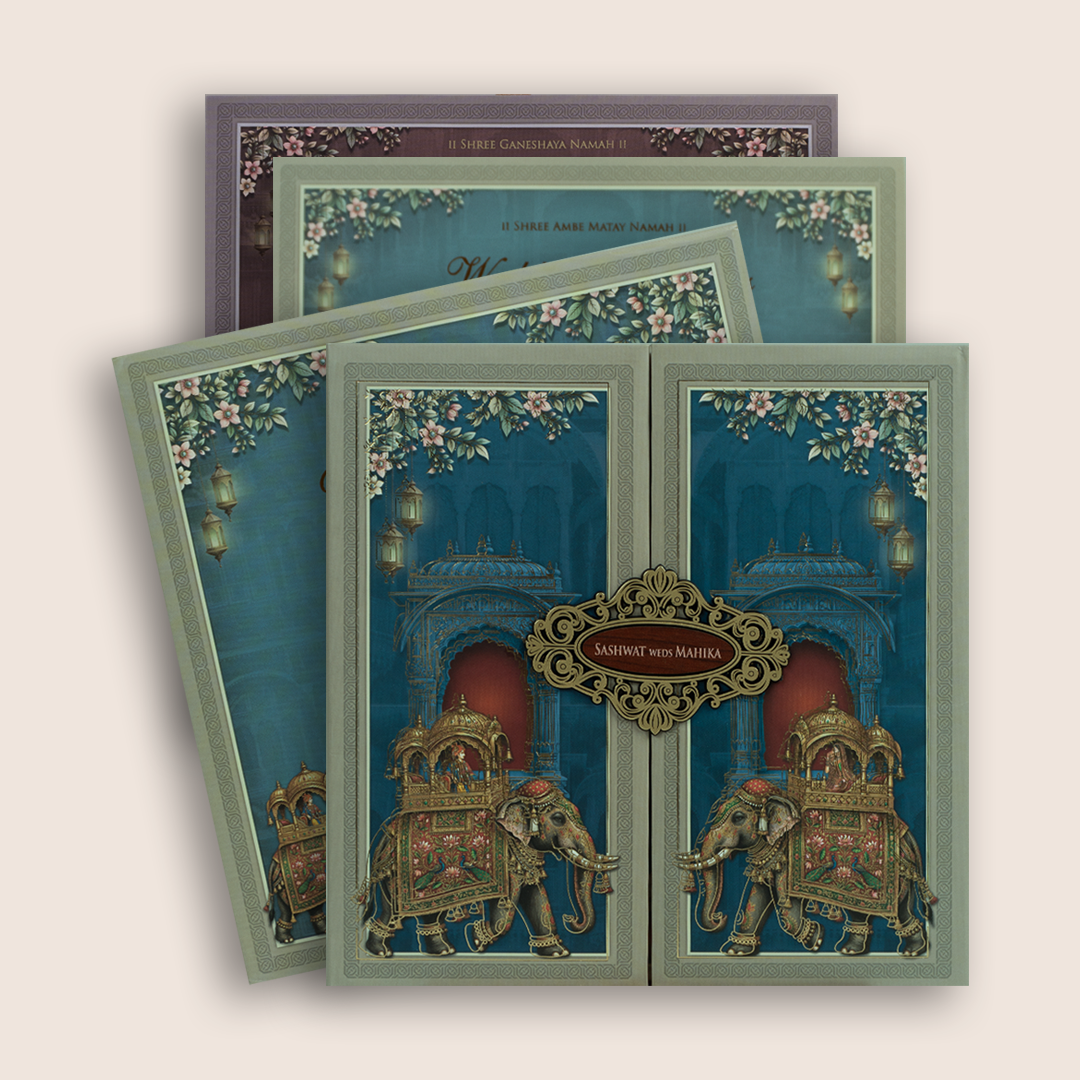 Blue Royal Elephant Door Style Padded Wedding Card - KRE29000