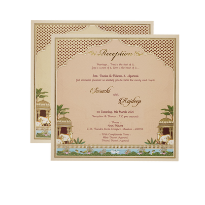 Palace Cream &amp; Blue Padded Wedding Card-KMMEX8070