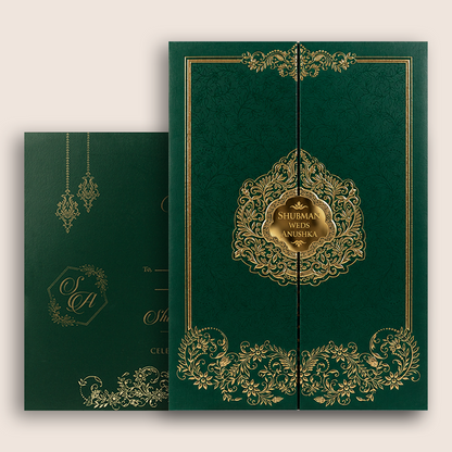 Green Embossed Floral Door Style Padded Wedding Card - KRB10400