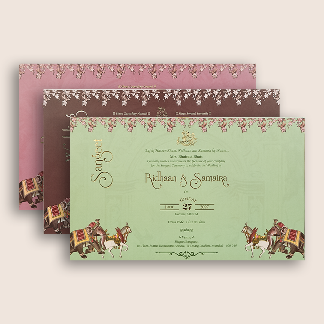 Pink Embossed Elephant Horse Doorstyle Padded Wedding Card - KVN07270