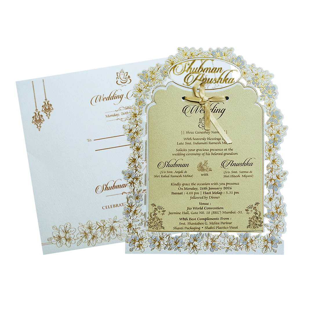 Ivory Laser Cut Gold Foil Wedding Invitation Card with Custom Name-KRB09141