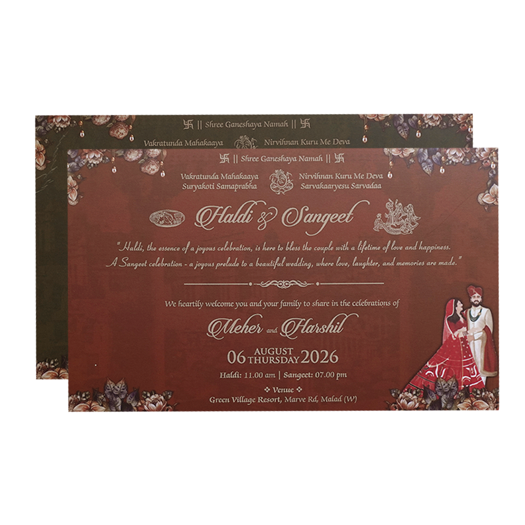 Maroon Couple Floral Padded Wedding Invitation Card -KVN07420