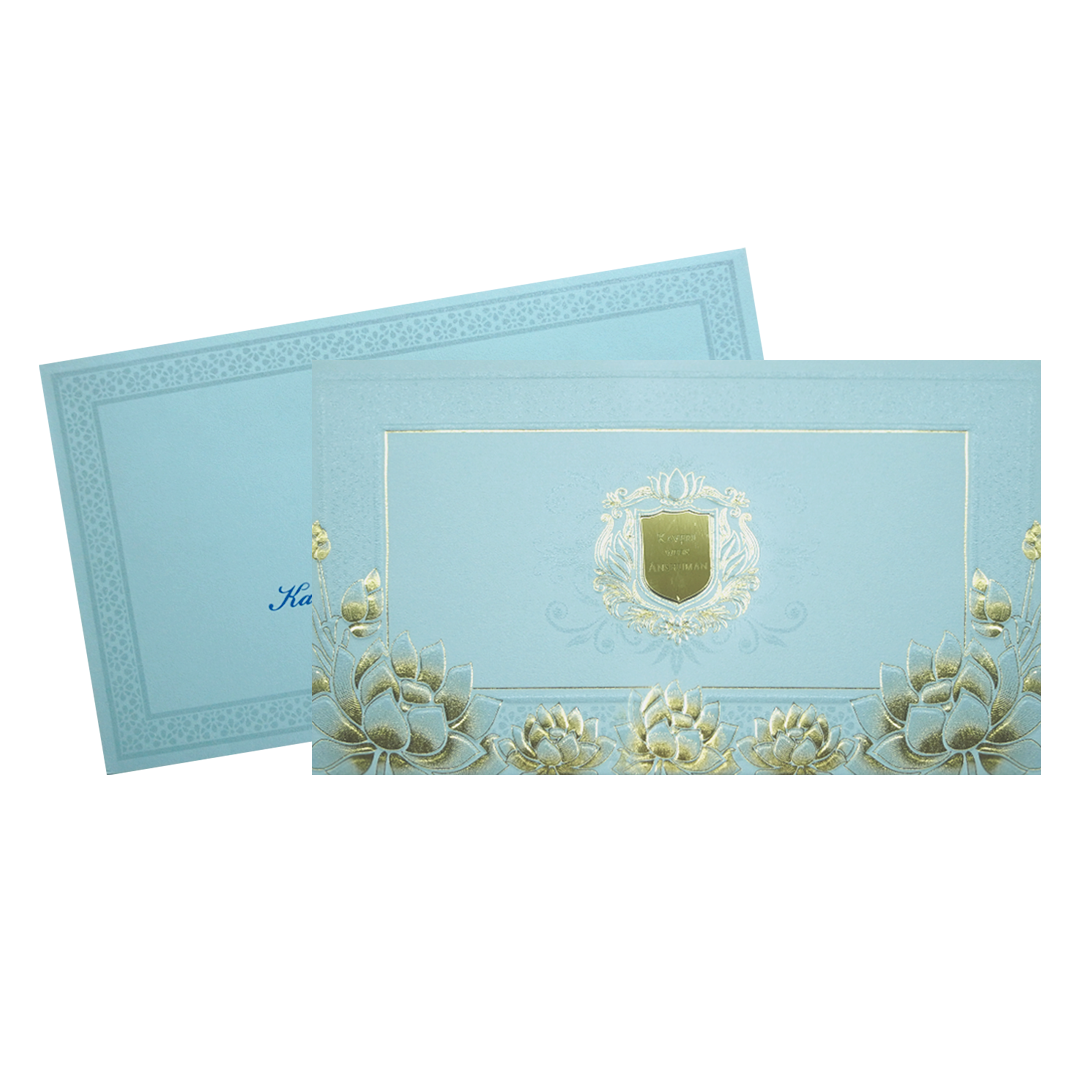 Blue Lotus Gold Foil Luxury Wedding Invitation Card