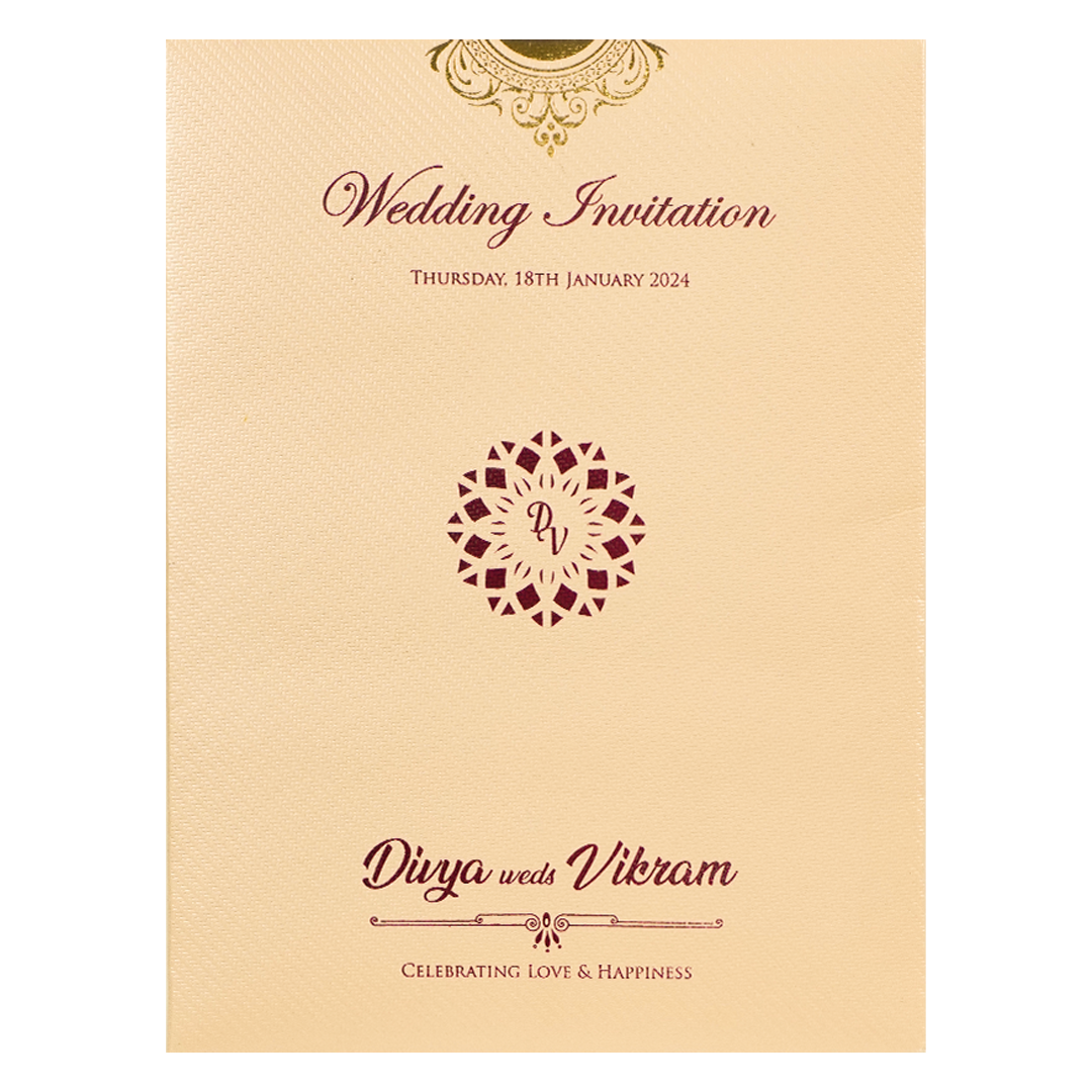 Cream Double Door Floral Padded Wedding Card-KNPM9532P