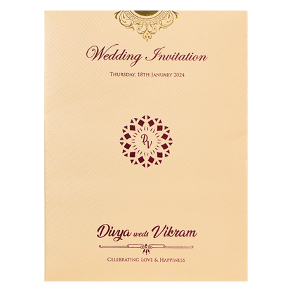 Cream Double Door Floral Padded Wedding Card-KNPM9532P