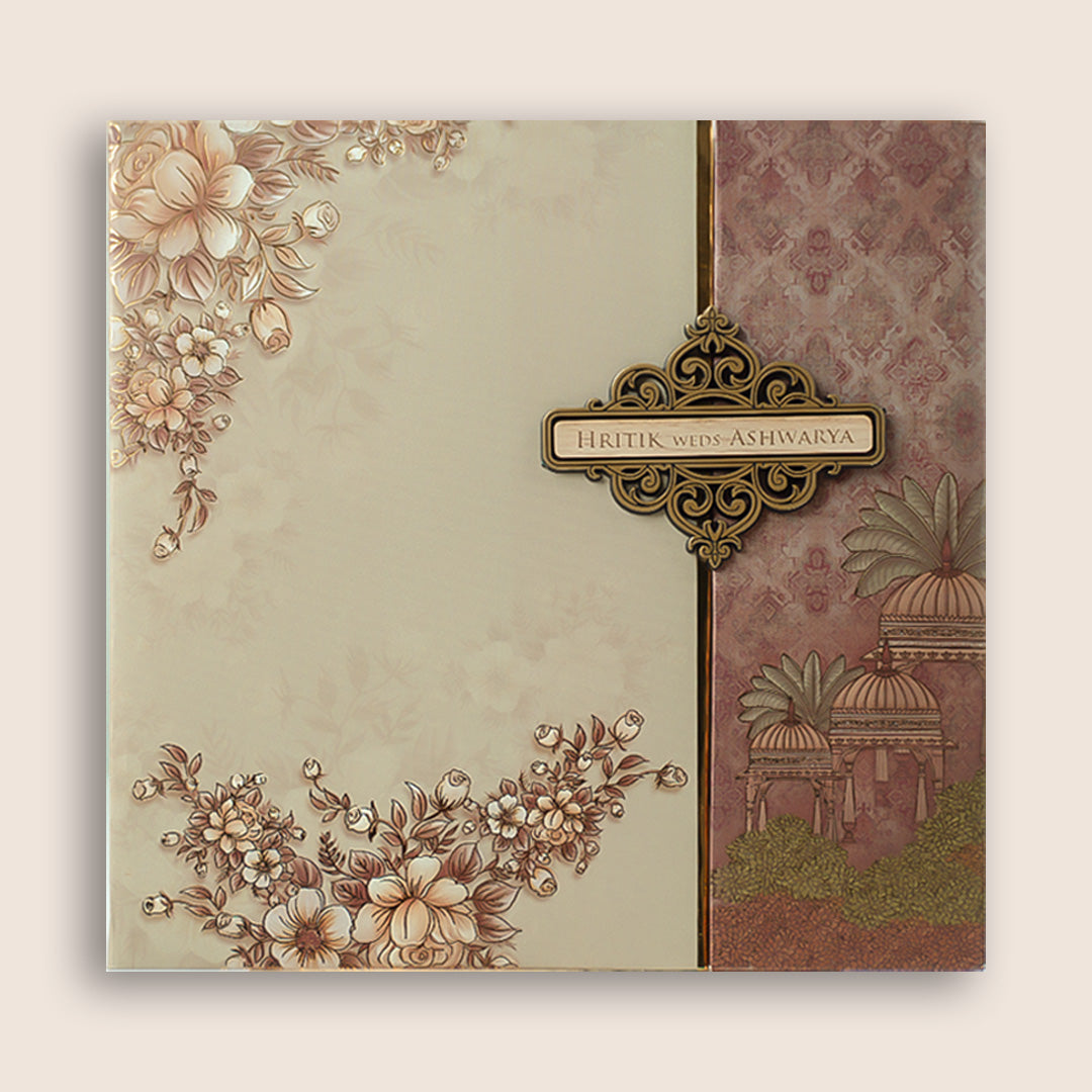 Beige Floral Padded Door Style Wedding Invitation  - KSH72980