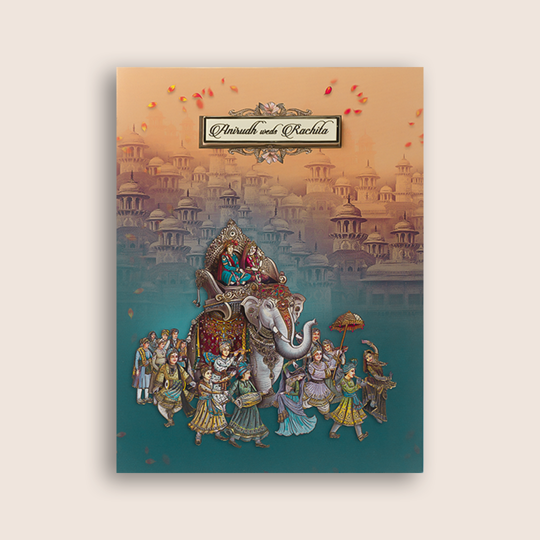 Blue Royal Elephant Baraat Wedding Card - KAA05170