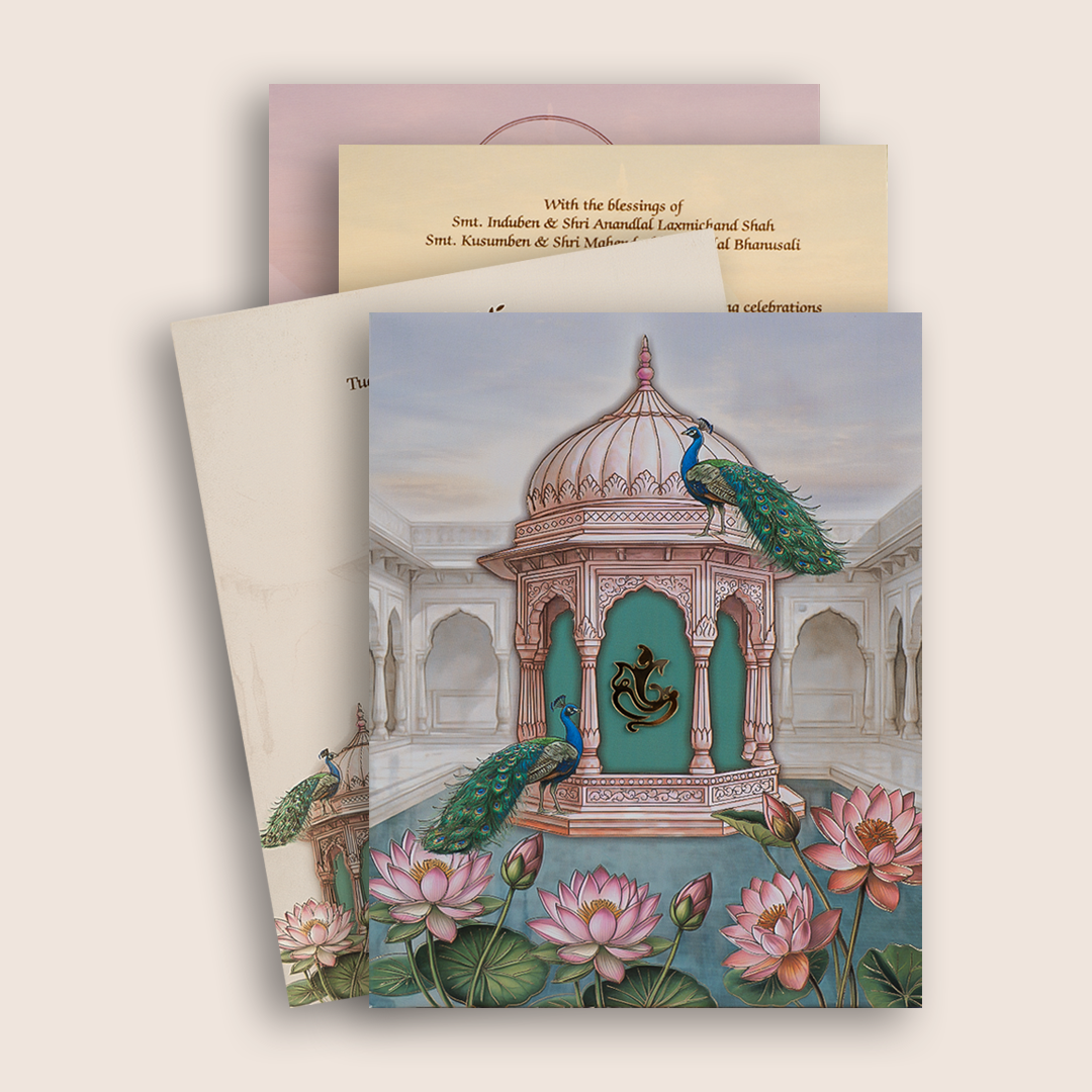 Beige Peacock Floral Padded Wedding Invitation Card - KPR07280